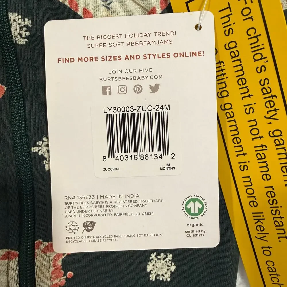 Burt’s Bees Baby Christmas Footed Pajamas 24M Organic Cotton Zip NWT